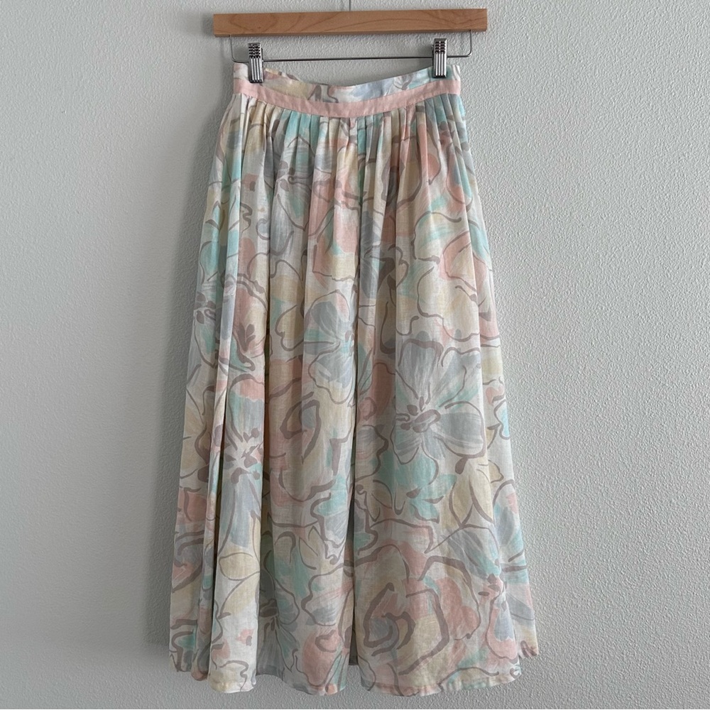 80’s Vintage | Perri Cutten | Linen Floral Pastel Midi Skirt | Size 8